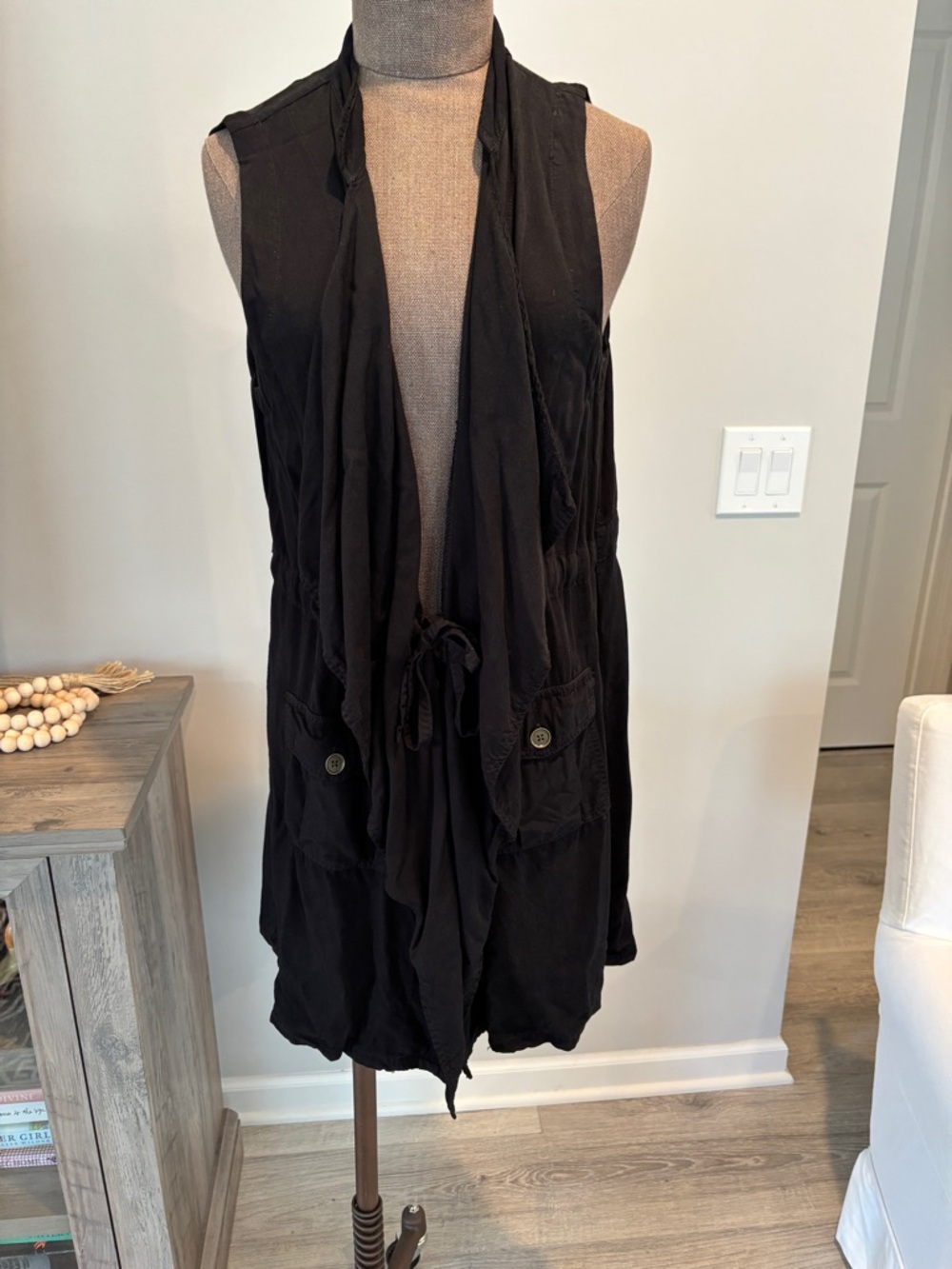 Sleeveless Black Draped Vest with Front Pockets